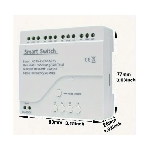 WiFi 4-csatornás intelligens kapcsoló modul AC 85-250V működtetéssel (Fehér)